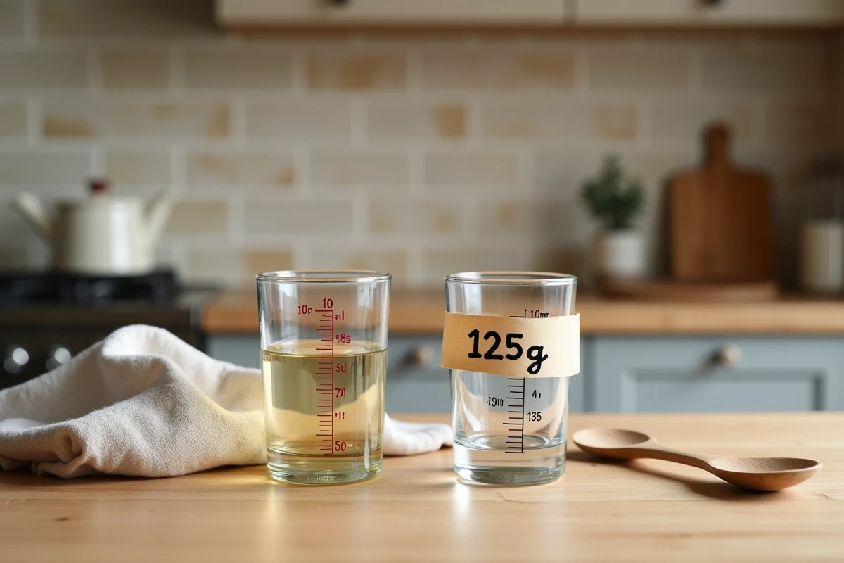 Deux verres doseurs sur une table en bois illustrant la conversion de 125g en centilitres