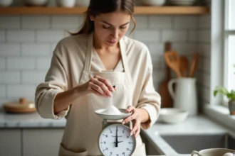 Femme en tablier versant 125 g de sucre sur une balance de cuisine pour une recette sucrée