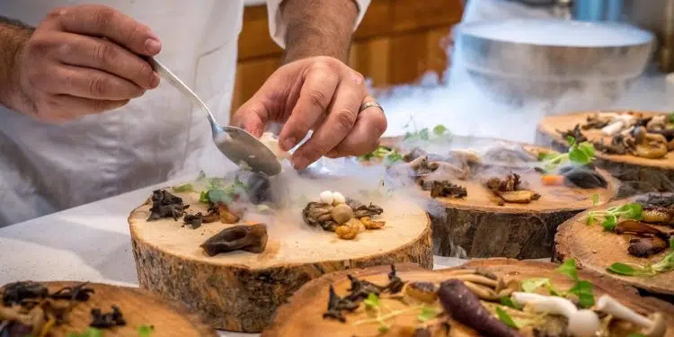 Chef Preparing Vegetable Dish on Tree Slab