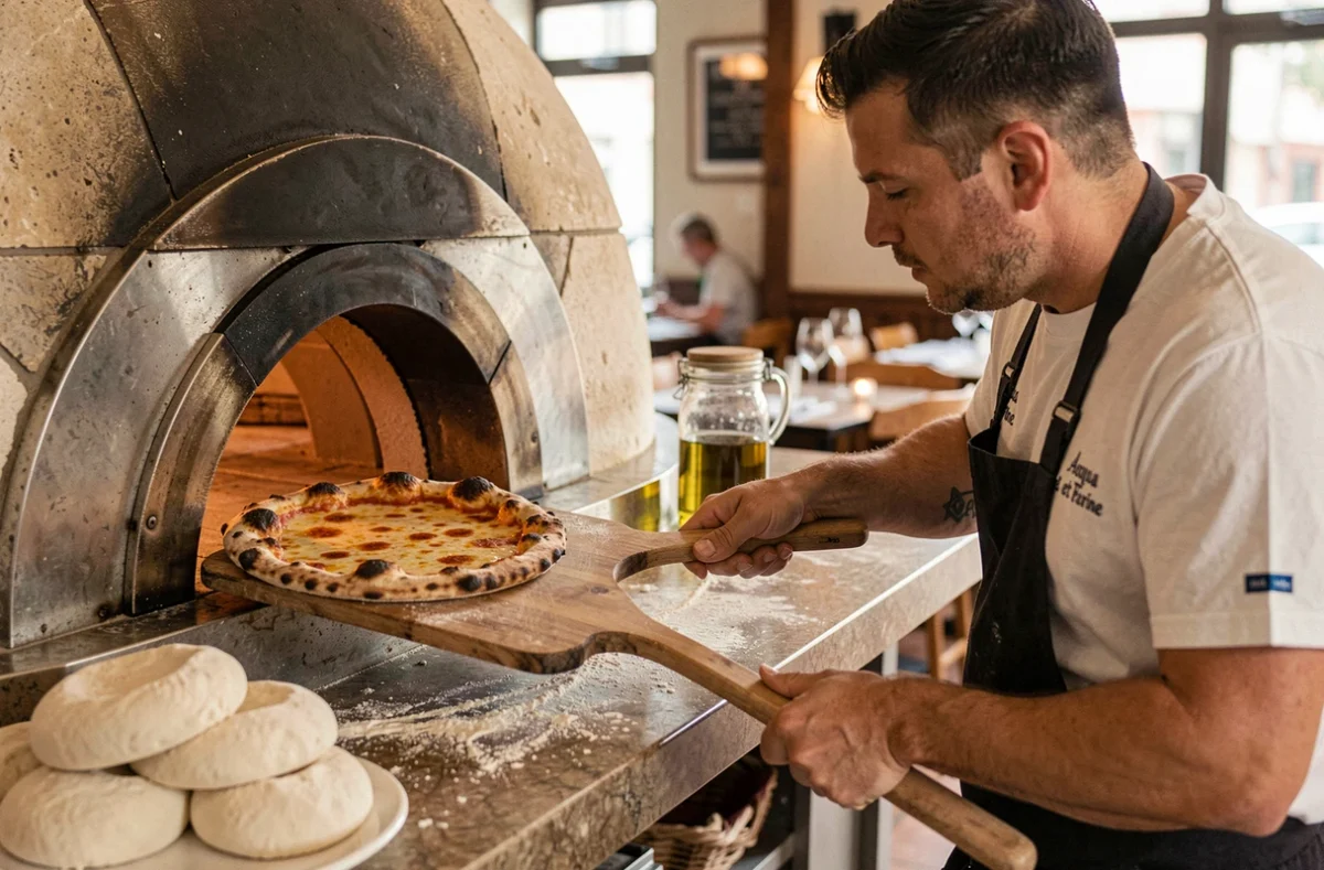 Pizzaiolo d'Acqua et Farine à Rouen sortant une pizza fine croustillante du four à bois avec une pelle en bois