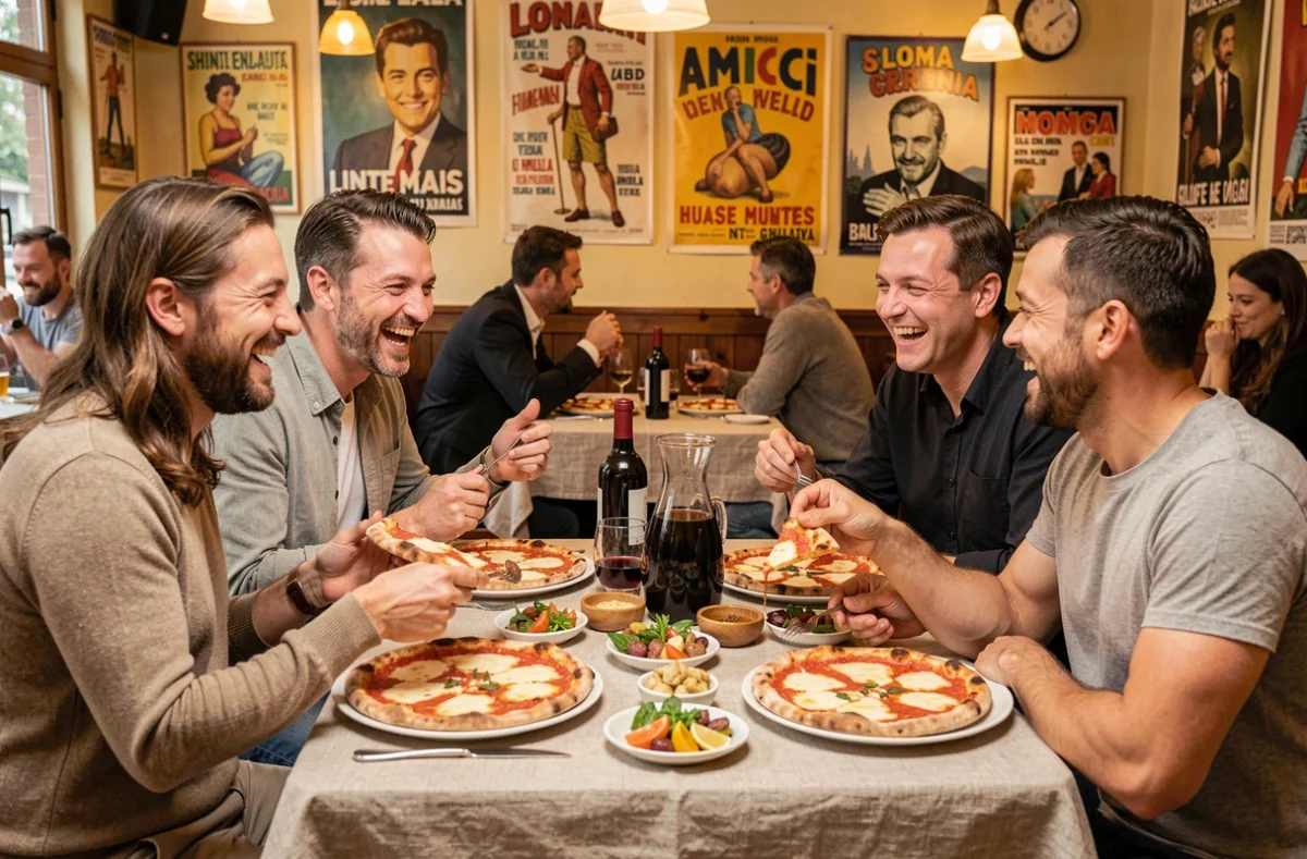 Groupe d'amis partageant des pizzas et du vin autour d'une table conviviale au restaurant Amici à Rouen
