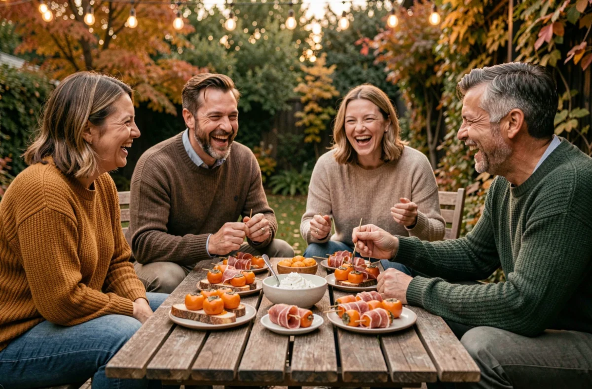 Groupe d'amis partageant des amuse-bouches au kaki lors d'un apéritif dinatoire en terrasse en automne