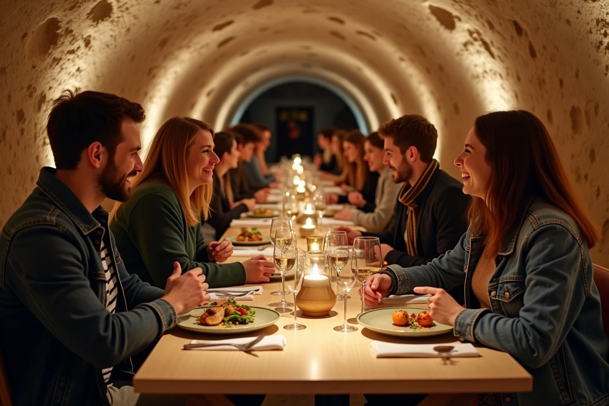 Groupe d'amis partageant des tapas créatifs dans une cave-restaurant originale et accessible à Lyon