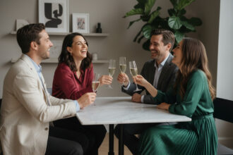 Quatre amis élégants trinant avec champagne dans un appartement moderne