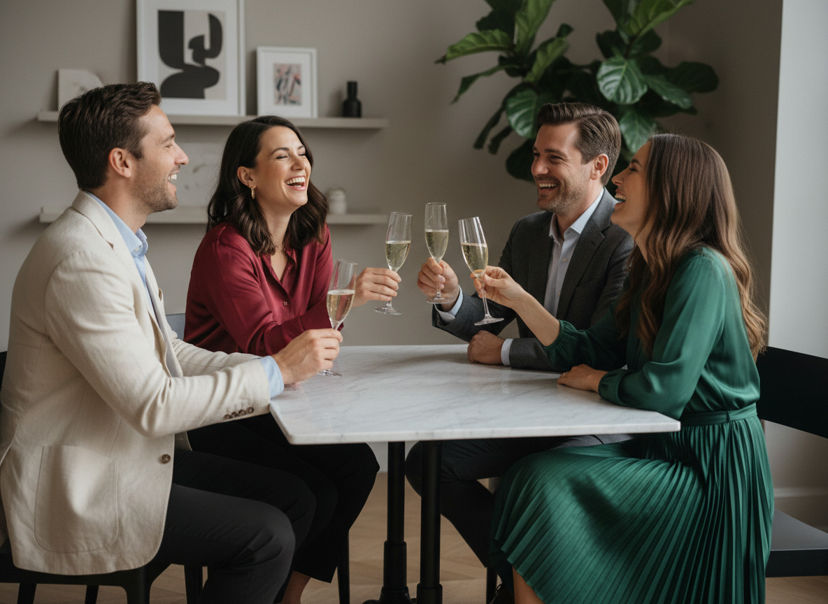 Quatre amis élégants trinant avec champagne dans un appartement moderne