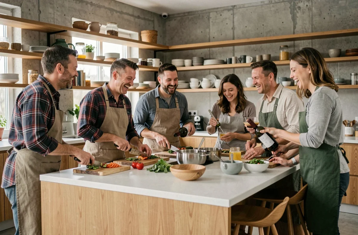 Groupe d'amis qui préparent ensemble un repas convivial pour 10 personnes dans une grande cuisine moderne
