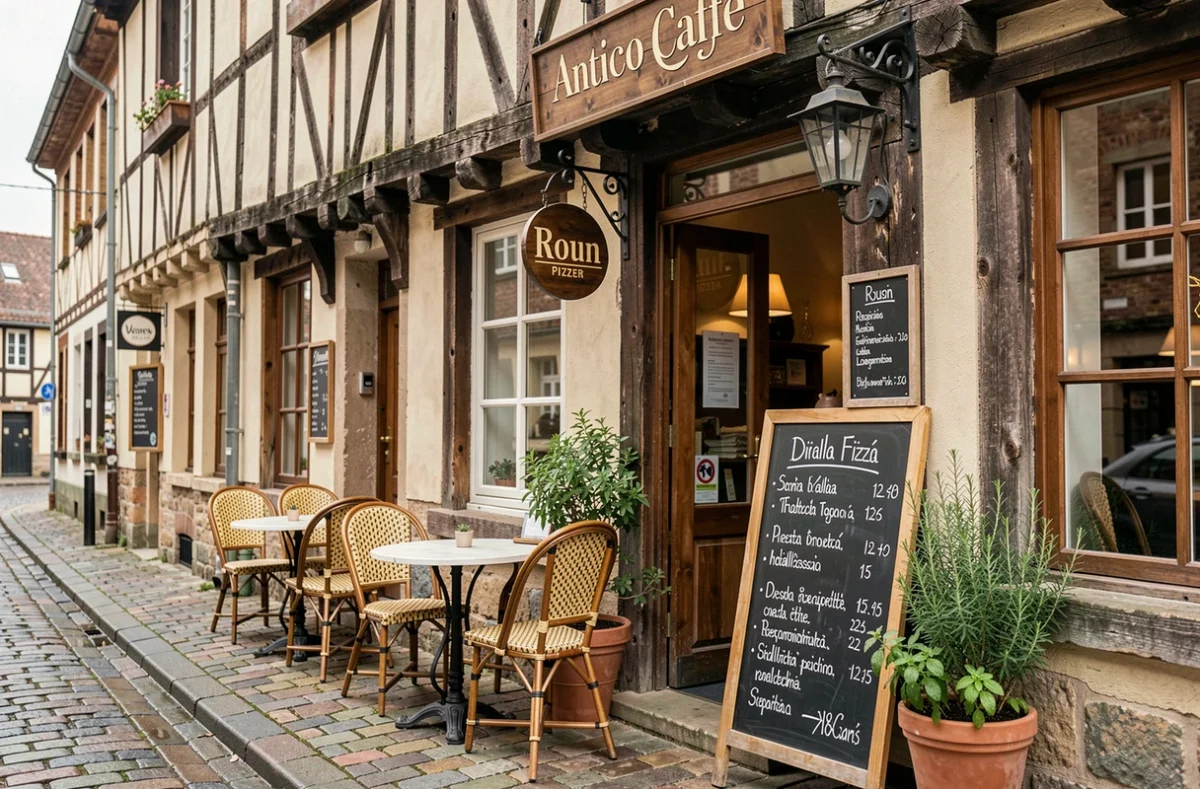 Façade et terrasse de l'Antico Caffé à Rouen avec tables en bistrot sur une rue pavée normande et ardoise de pizzas