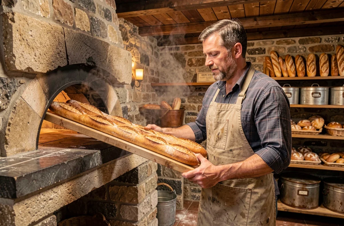 Boulanger artisan Antoine le Boulanger à Rezé retirant des baguettes dorées d'un four à sole traditionnel en pierre avec une pelle en bois dans son fournil