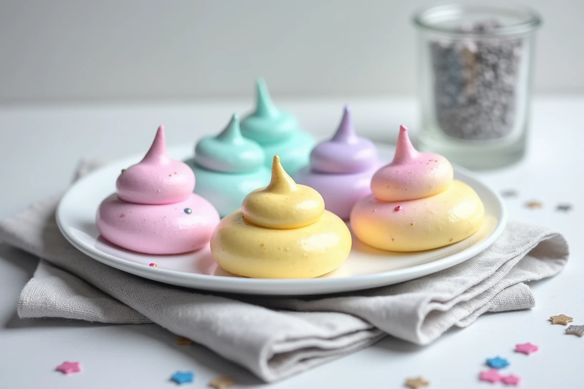 Assiette blanche présentant des crottes de licorne en meringue multicolores avec des perles de sucre argentées