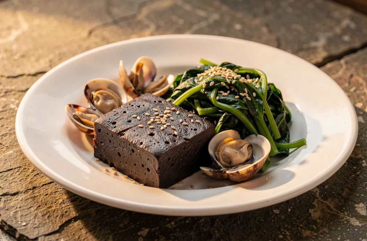 Assiette de boudin noir, palourdes, épinards et graines de sésame