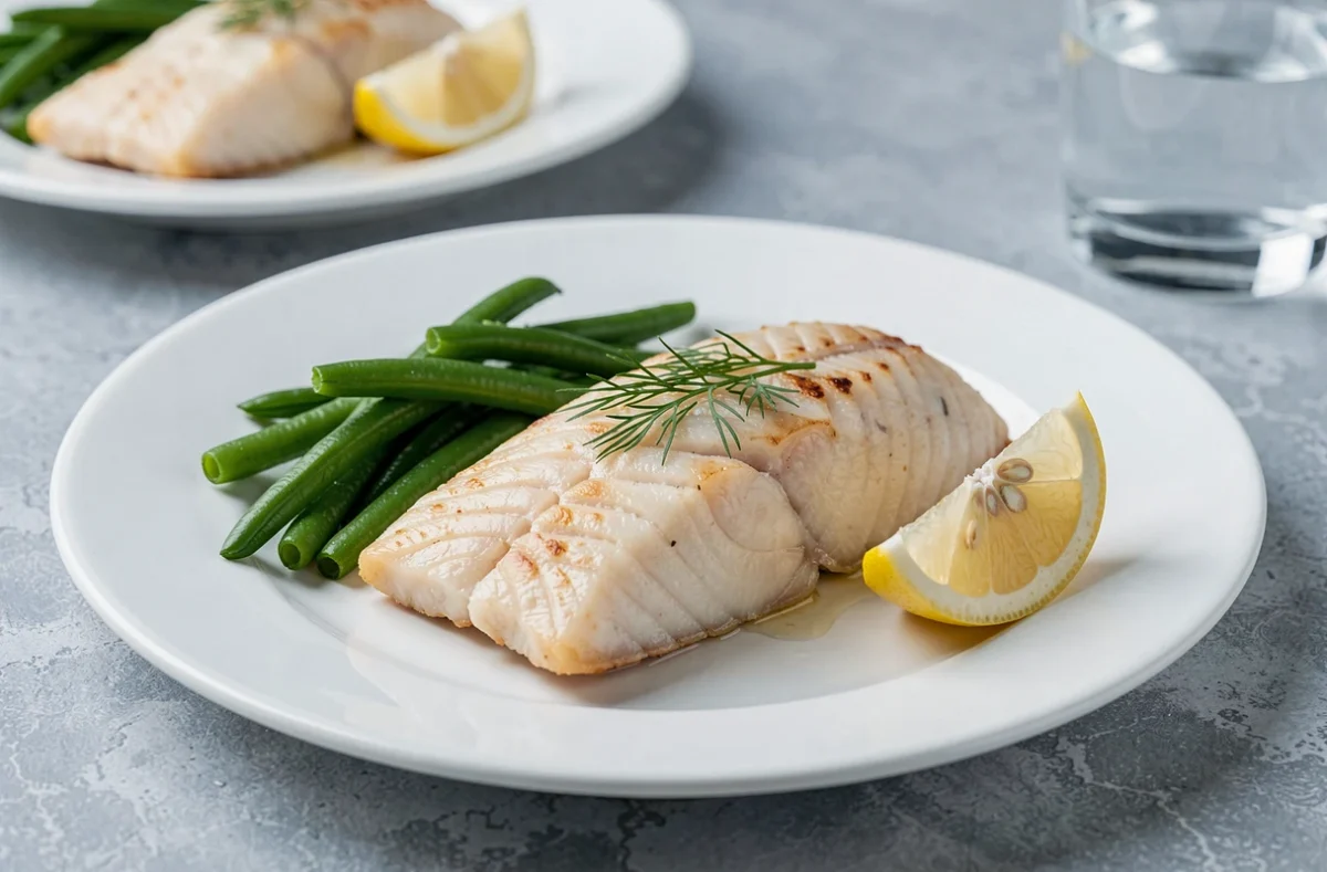 Portion de dos de cabillaud au four servi avec des haricots verts sur une assiette en porcelaine blanche, vue en plongée légère sur surface en pierre grise