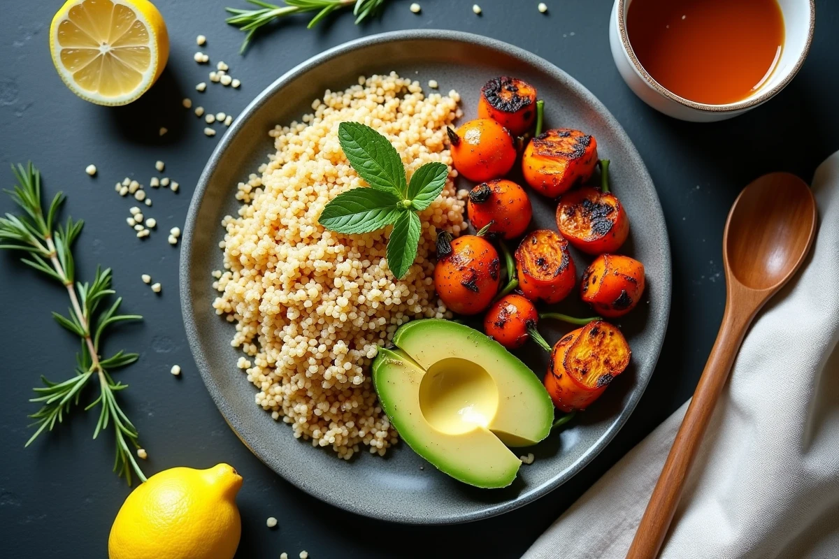 Assiette équilibrée vue de dessus avec quinoa, légumes rôtis et avocat sur une surface en ardoise pour un repas sain en famille