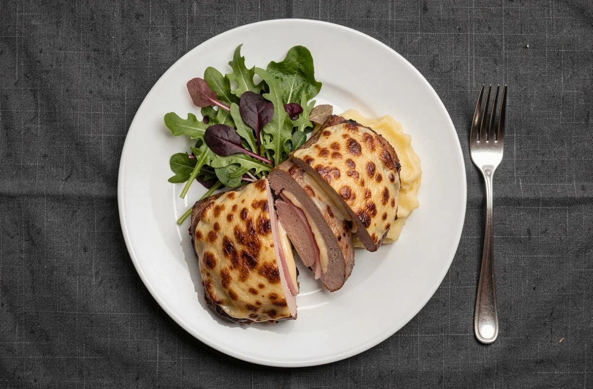 Assiette individuelle de filet mignon de porc orloff gratiné servi avec un gratin dauphinois et salade verte
