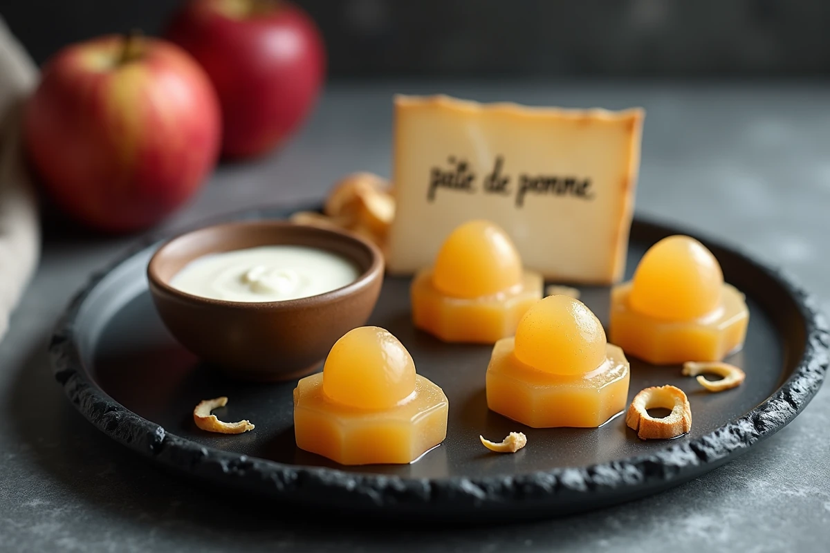 Assiette gastronomique de pâtes de fruit à la pomme avec comté et crème fraîche sur ardoise dans une ambiance bistrot raffinée