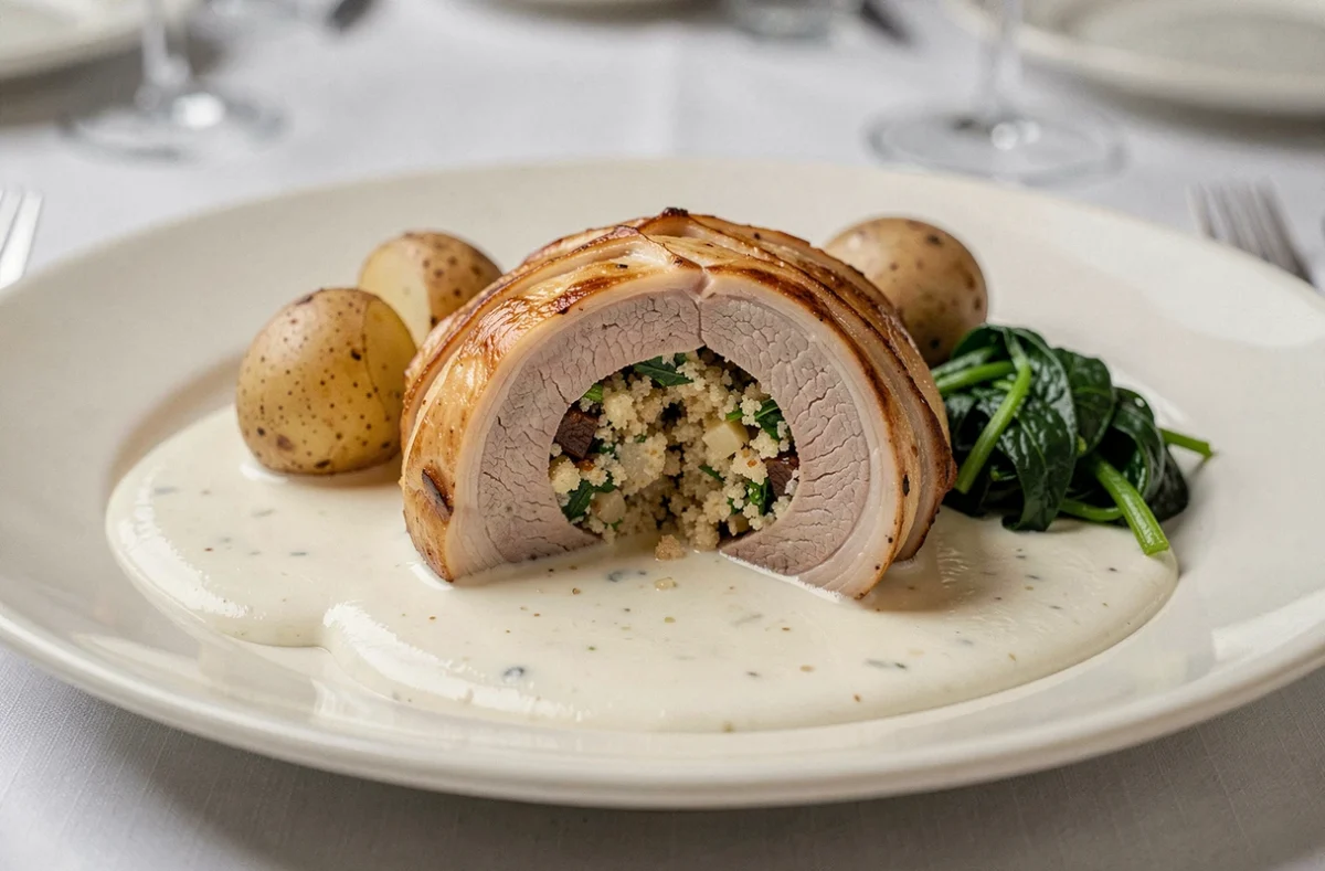 Assiette de paupiette de porc tranchée avec sauce onctueuse au vin blanc et pommes de terre rôties pour un repas du four