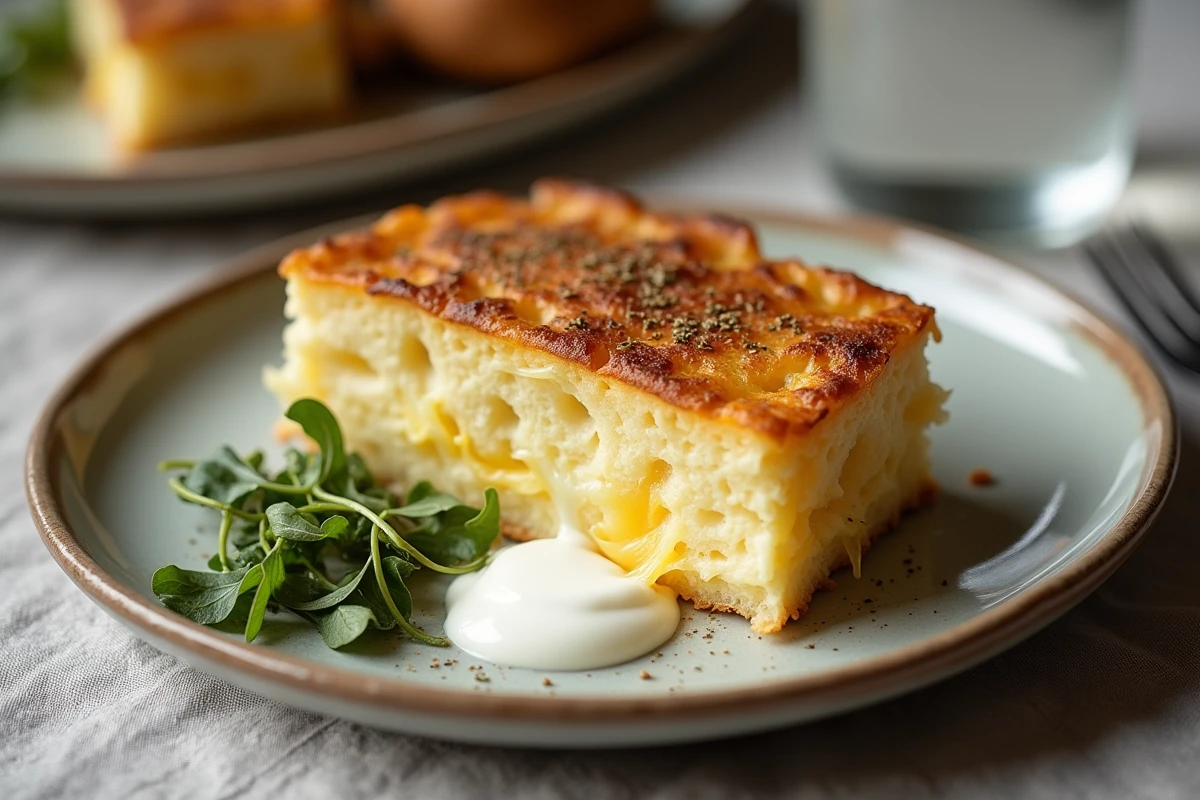 Assiette de râpé de pommes de terre au fromage fondu accompagné d'une salade verte et d'une cuillère de crème fraîche