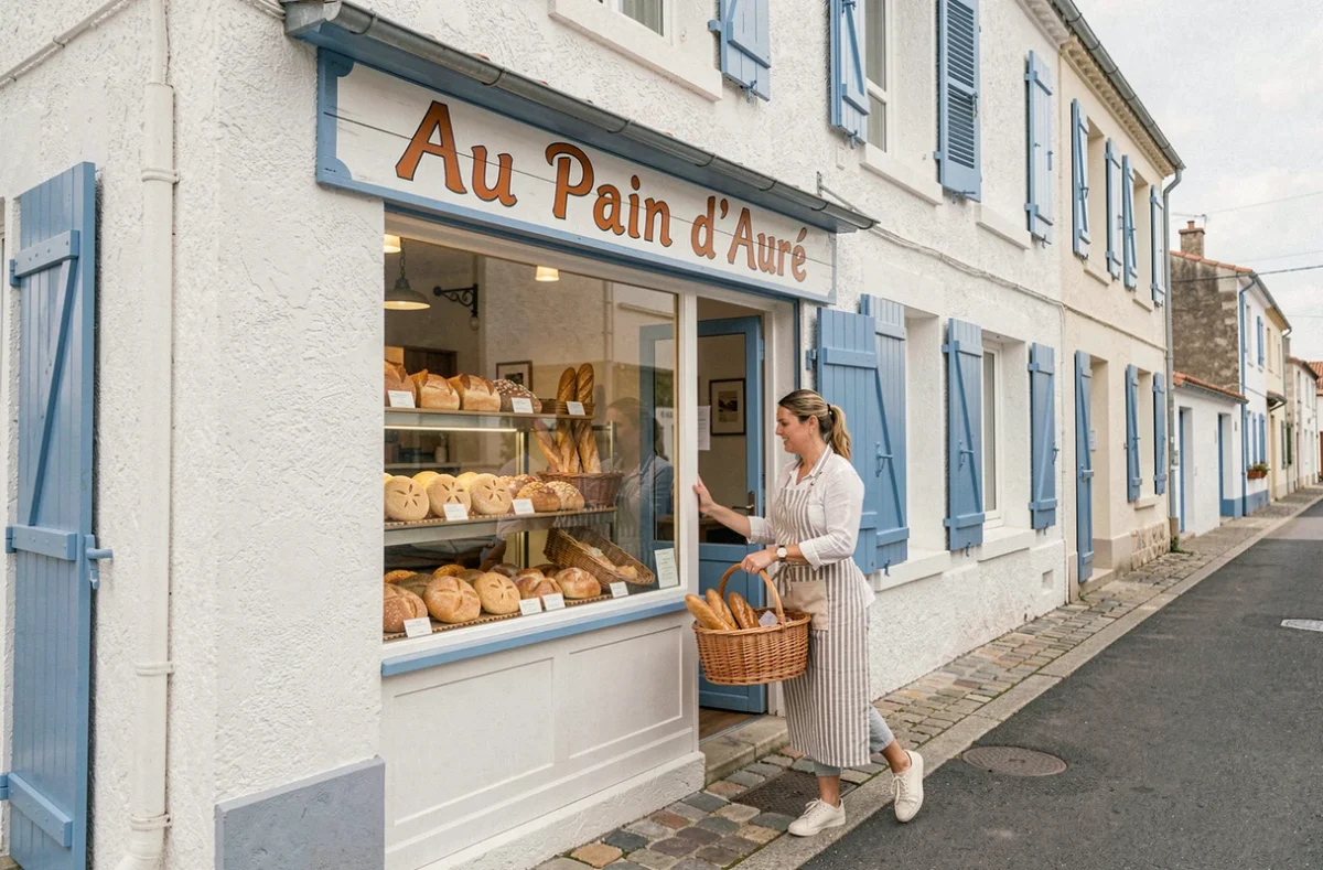 Devanture colorée de la boulangerie Au Pain d'Auré aux Sables-d'Olonne avec une vitrine garnie de pains dorés et une employée arrangeant des baguettes dans un panier en osier