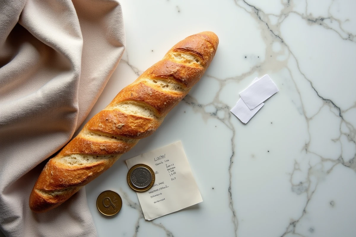 Vue de dessus d'une baguette française posée sur un comptoir en marbre avec des pièces en euros et un reçu, symbolisant le prix réel d'une baguette