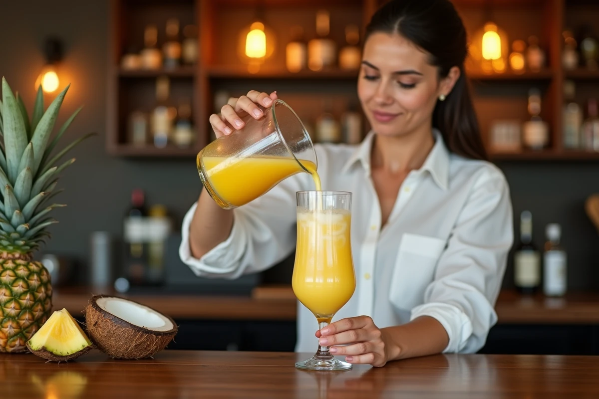 Barmaïd versant du jus d'ananas dans un verre de Piña Colada au bar, avec des ingrédients frais disposés sur le comptoir