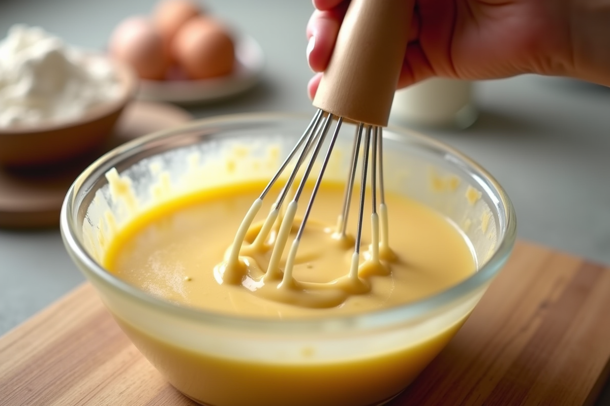 Main fouettant la pâte à crêpe dans un bol avec ingrédients autour