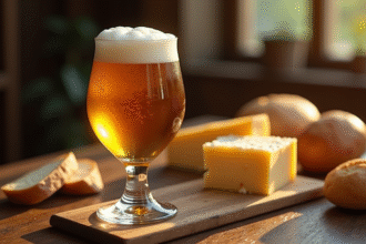 Verre de bière belge dans un chalice avec fromages et pain