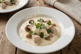 Blanquette de veau crémeuse servie dans un plat en céramique blanche avec des champignons et du persil frais