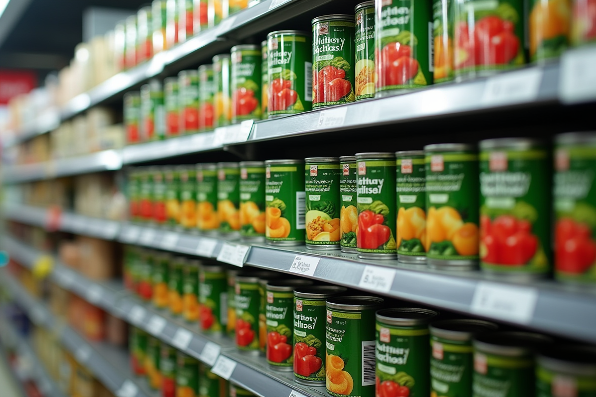 Boîtes de légumes en conserve alignées sur un rayon de supermarché