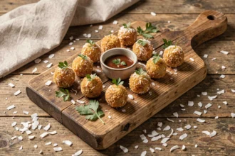 Planche en bois rustique avec des bouchées croustillantes aux vers de coco dorés, garnies d'herbes fraîches et d'une sauce à tremper, pour l'apéro