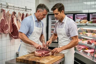 Boucher professionnel en tablier blanc découpant une pièce de bœuf frais dans une boucherie traditionnelle
