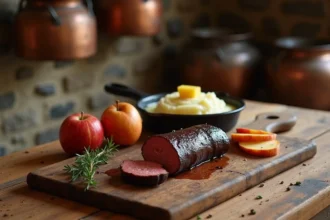 Boudin noir façon terroir servi avec pommes caramélisées et purée maison sur une table rustique de ferme française