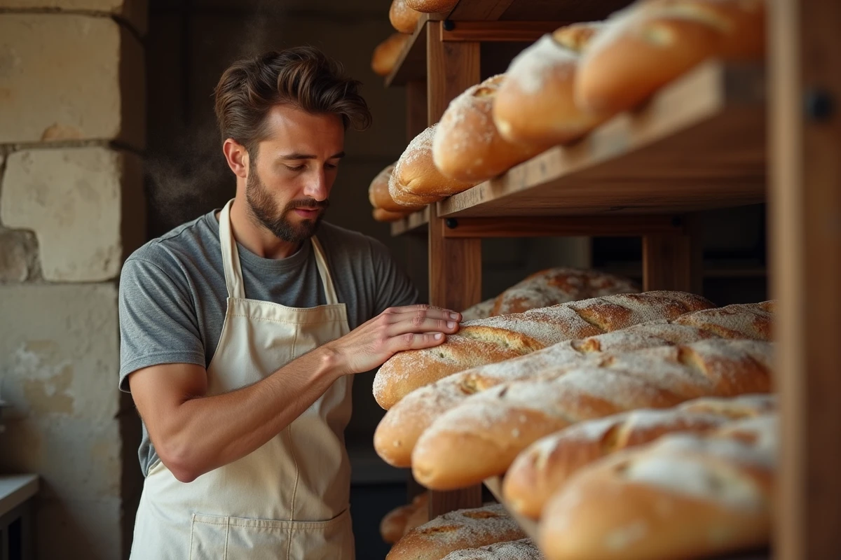 Boulanger artisan disposant des baguettes fraîches sur un présentoir en bois, évoquant le savoir-faire et le coût de fabrication du pain