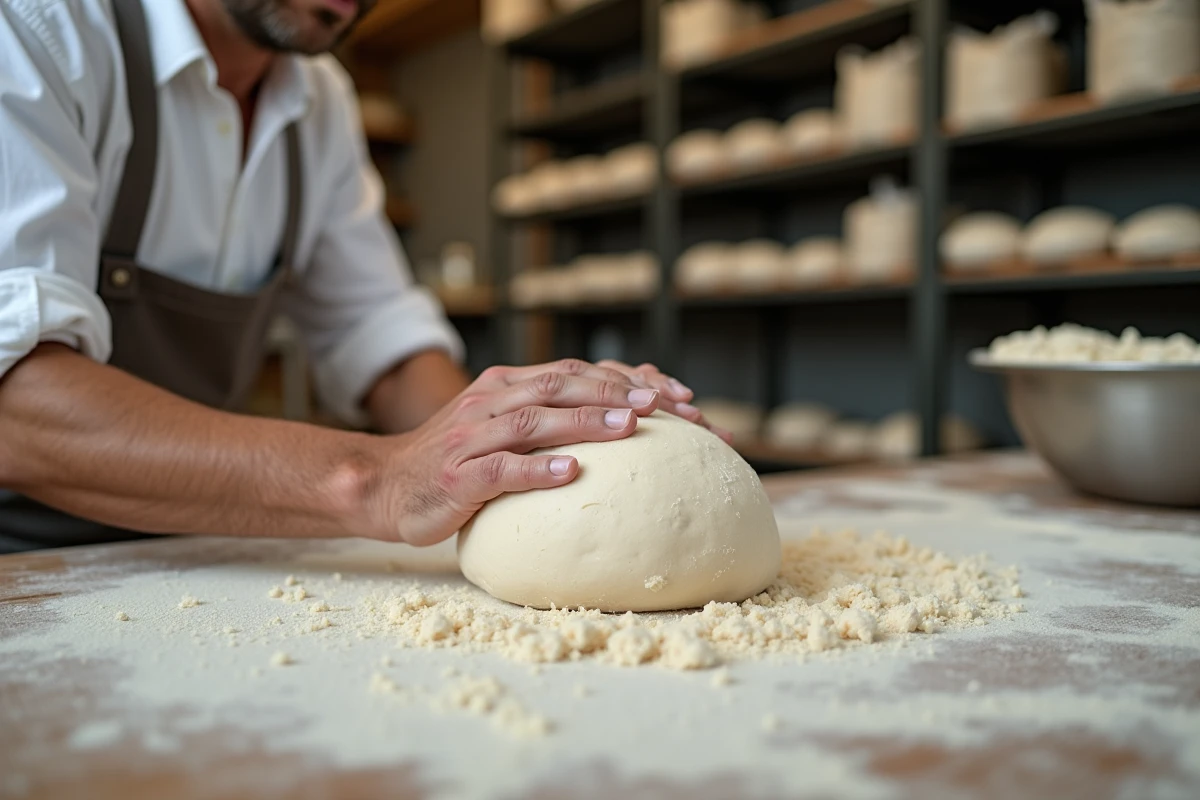 Boulanger pétrissant une pâte à pain de campagne trop ferme et peu fermentée sur un plan de travail fariné dans une boulangerie professionnelle