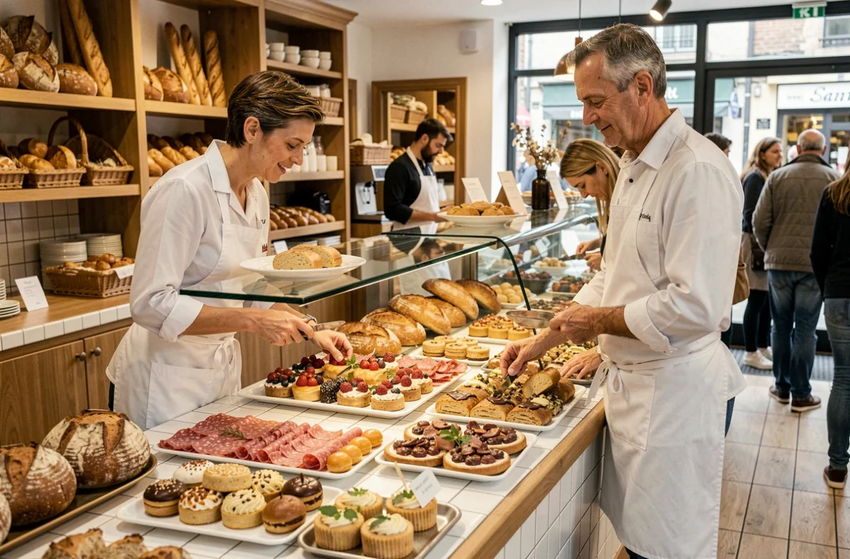 Comptoir de la boulangerie pâtisserie LM Gouzy à Saumur avec un assortiment de pains artisanaux, pâtisseries et plats traiteur présentés dans une vitrine