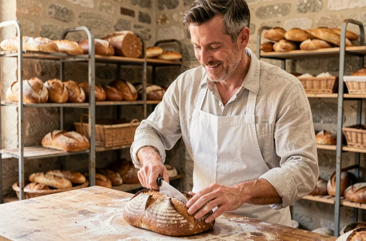 Boulanger artisan de la boulangerie Thomas Corand à Saint-Jean-de-Monts en train de façonner un pain au levain rustique dans son fournil