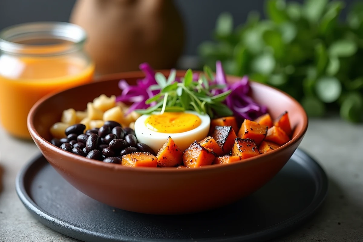 Gros plan d'un bowl nourrissant à la patate douce avec oeuf mollet, haricots noirs et vinaigrette gingembre