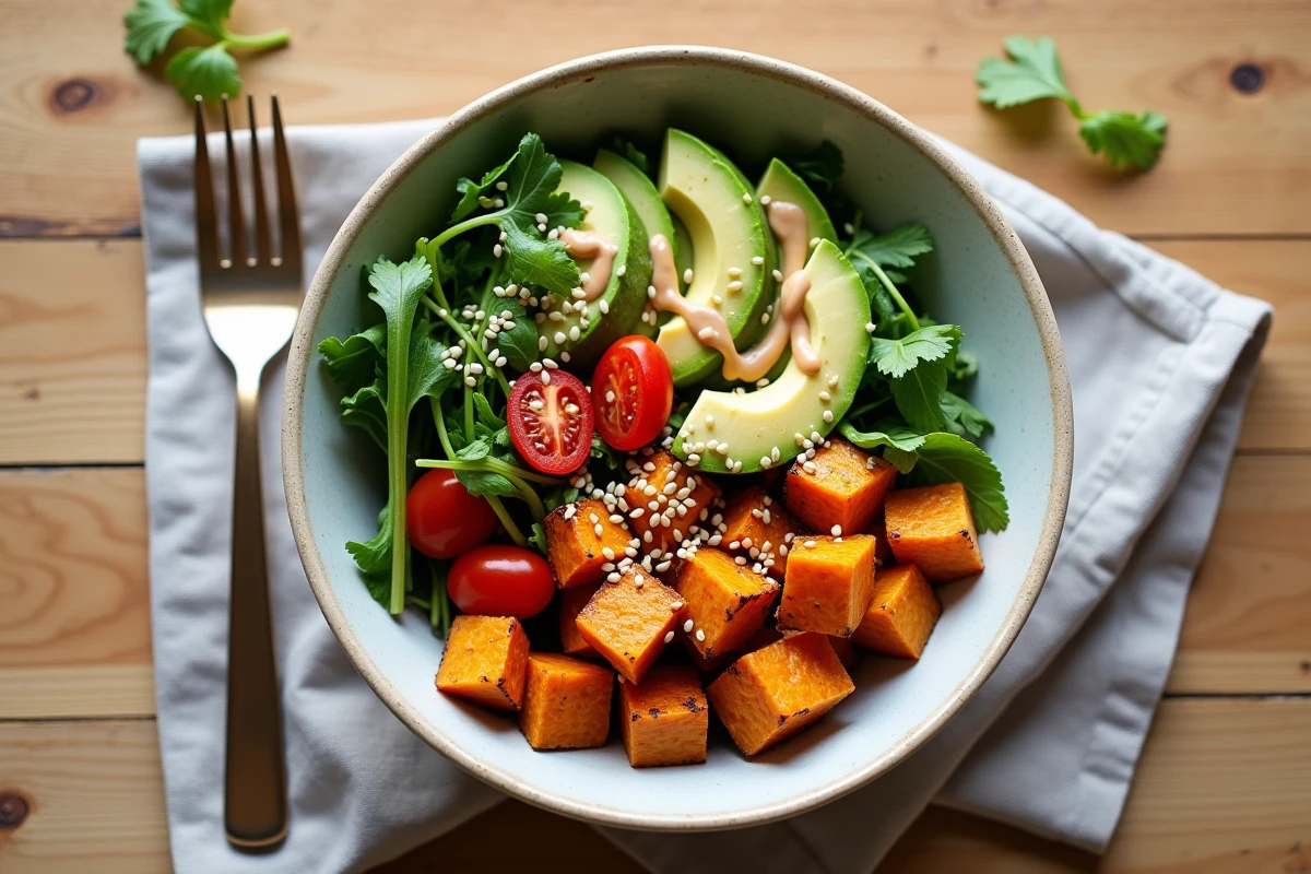 Bowl gourmand à la patate douce vu de dessus, avec avocat, tomates cerises et sauce tahini sur table en bois