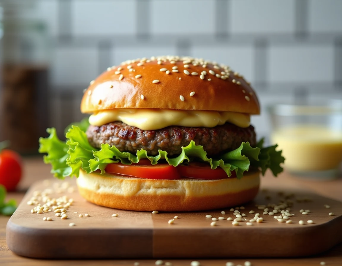 Burger maison gourmand avec mayonnaise maison généreuse, laitue, tomate et steak haché sur planche en bois