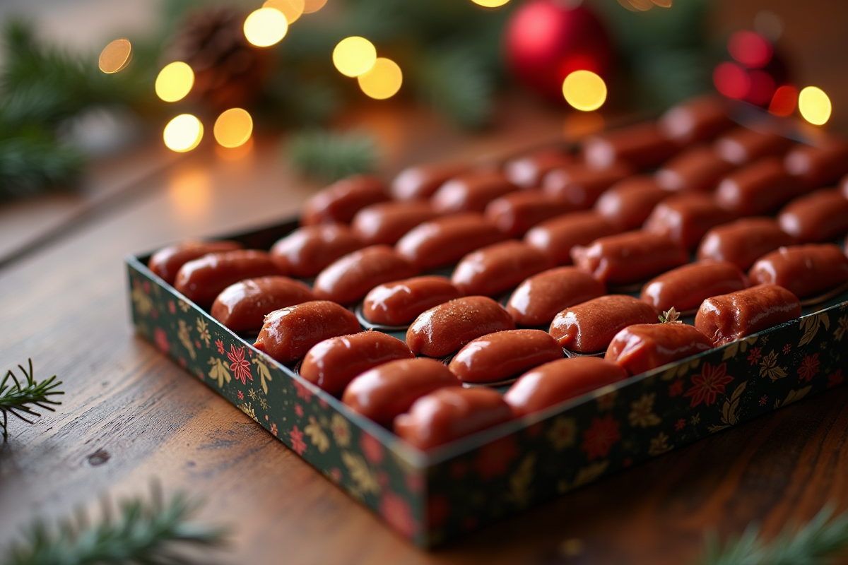 Calendrier de l'avent rempli de mini saucisses sur une table en bois