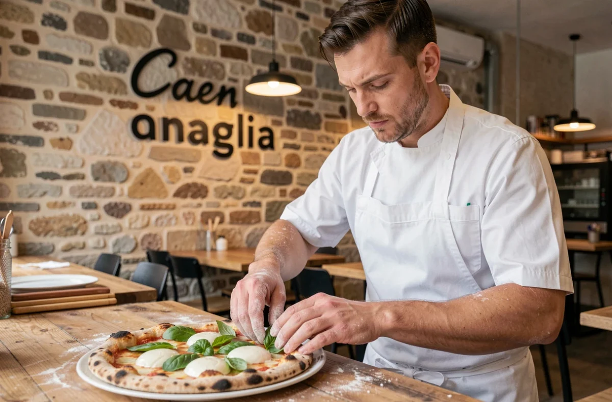 Chef pizzaiolo de la Canaglia Pizzeria à Caen déposant du basilic frais sur une pizza napolitaine artisanale