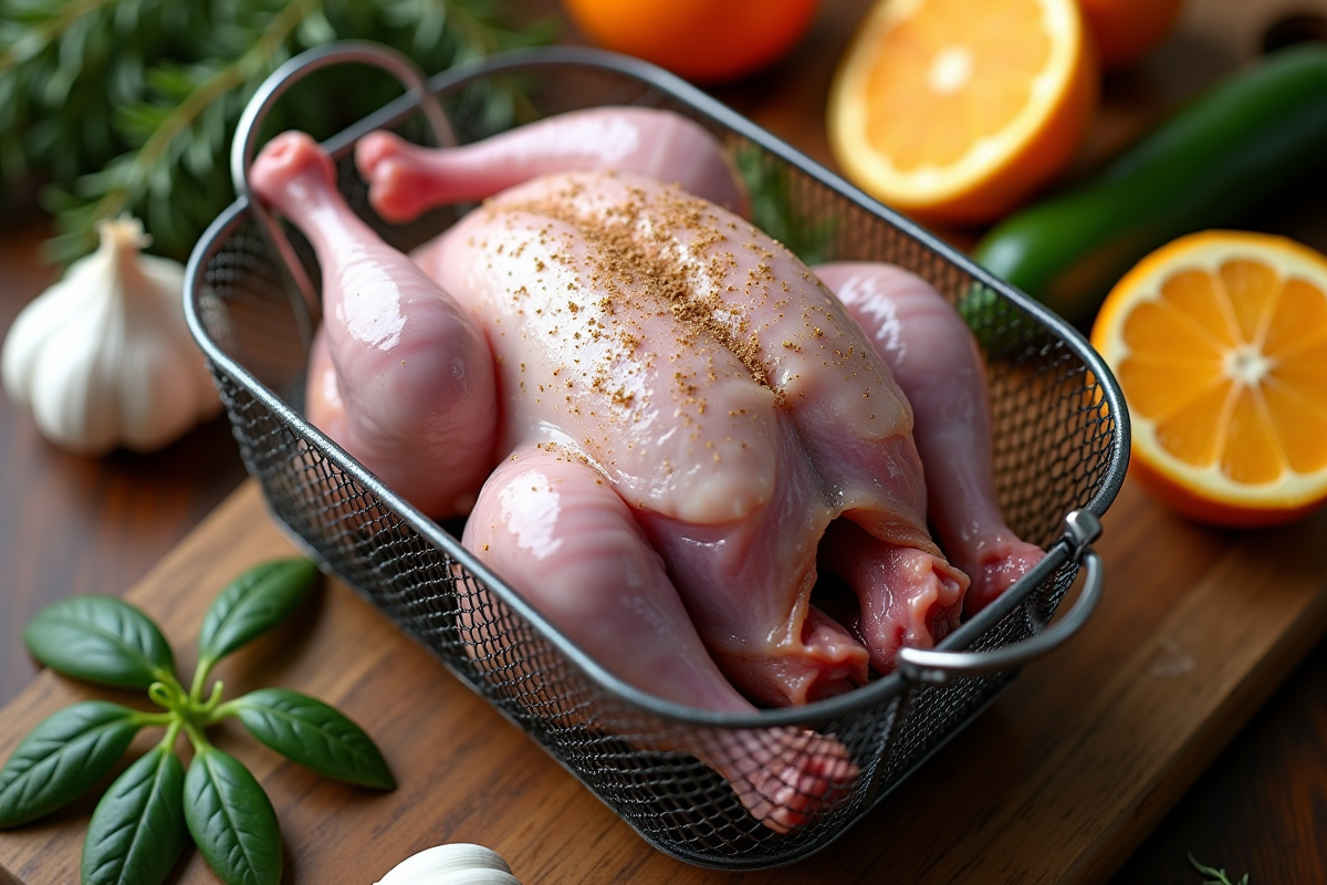 Canard cru assaisonne avec ail thym et orange