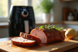 Magret de canard tranché sur planche en bois avec herbes dans une cuisine lumineuse