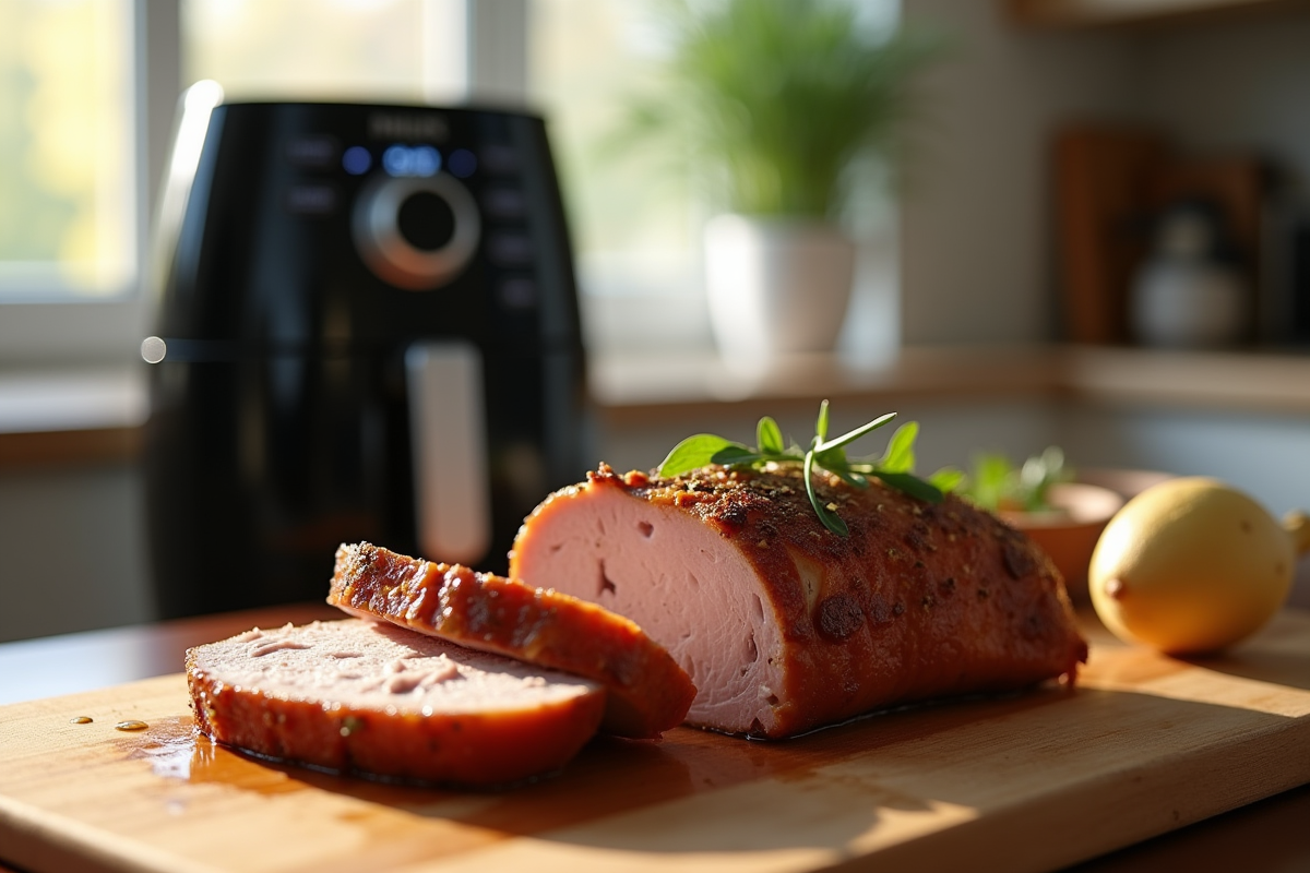 Magret de canard tranché sur planche en bois avec herbes dans une cuisine lumineuse