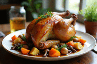 Capon rôti présenté avec légumes racines et champignons sauvages