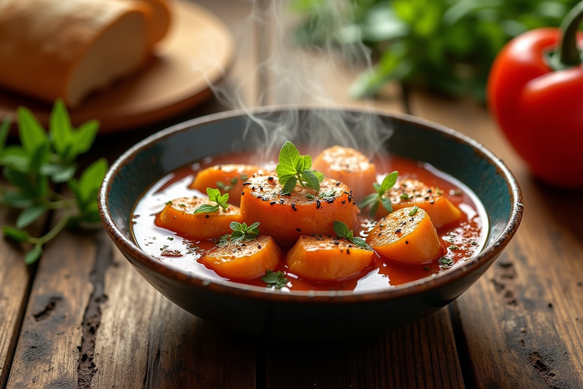 Bol de carbonade flamande sur table rustique avec ingrédients frais
