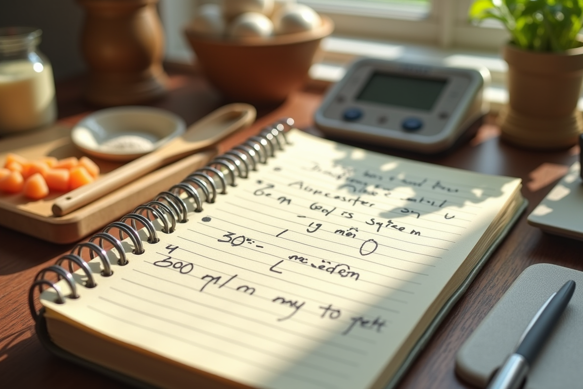 Carnet de recette ouvert avec notes de conversion en cuisine lumineuse