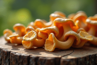 Champignons chanterelle frais sur planche en bois naturel