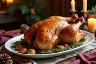 Chapon fermier rôti doré présenté sur un plat en céramique blanche avec thym frais et ail rôti pour le repas de Noël