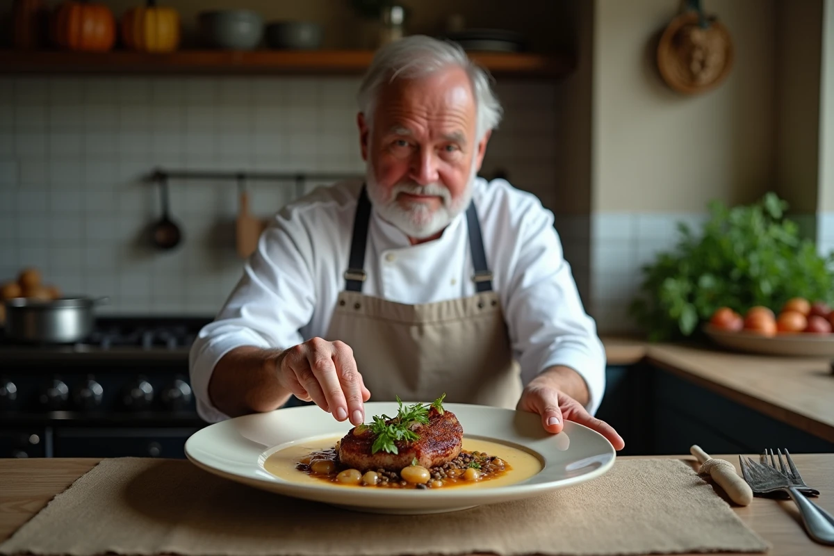 Chef régional préparant un plat de boudin noir aux lentilles du Puy dans une cuisine de bistrot français traditionnel