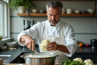 Chef professionnel plongeant du chou-fleur dans une casserole