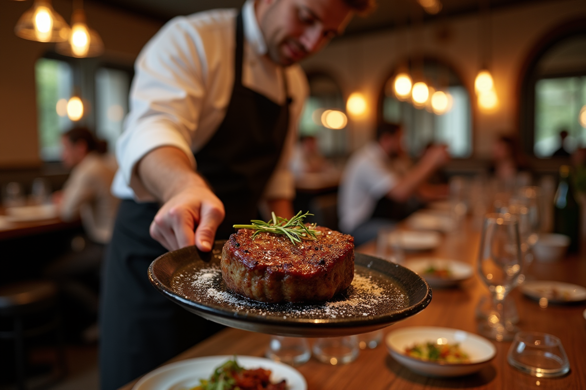 Chef présentant une côte de bœuf en intérieur moderne à Rennes